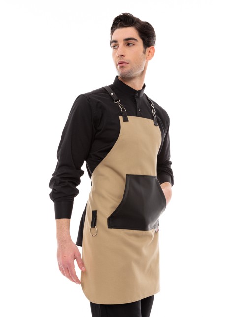 Μπεζ Ποδιά Unisex Barista Στηθούρι - Από Καμβά Ύφασμα & Μαύρη Μάρσιπο Vegan Leather Τσέπη