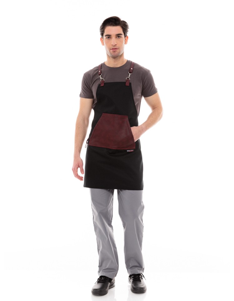 Μαύρη Ποδιά Unisex Barista Στηθούρι - Από Καμβά Ύφασμα & Μπορντό Μάρσιπο Vegan Leather Τσέπη