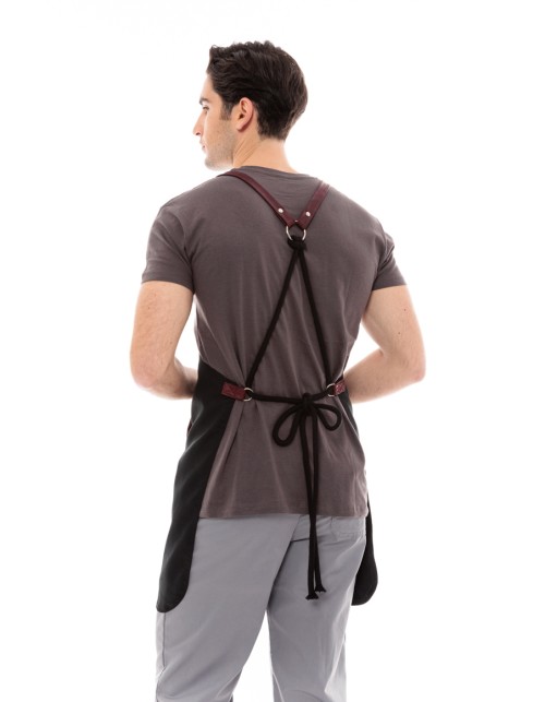 Μαύρη Ποδιά Unisex Barista Στηθούρι - Από Καμβά Ύφασμα & Μπορντό Μάρσιπο Vegan Leather Τσέπη