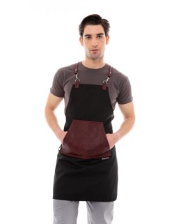 Μαύρη Ποδιά Unisex Barista Στηθούρι - Από Καμβά Ύφασμα & Μπορντό Μάρσιπο Vegan Leather Τσέπη