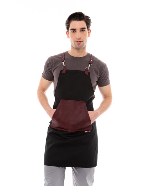 Μαύρη Ποδιά Unisex Barista Στηθούρι - Από Καμβά Ύφασμα & Μπορντό Μάρσιπο Vegan Leather Τσέπη