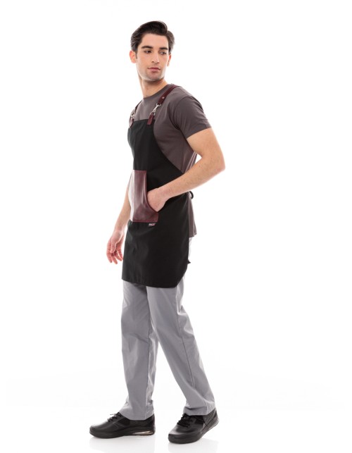 Μαύρη Ποδιά Unisex Barista Στηθούρι - Από Καμβά Ύφασμα & Μπορντό Μάρσιπο Vegan Leather Τσέπη