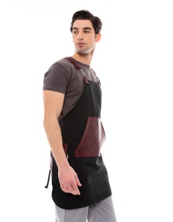 Μαύρη Ποδιά Unisex Barista Στηθούρι - Από Καμβά Ύφασμα & Μπορντό Μάρσιπο Vegan Leather Τσέπη