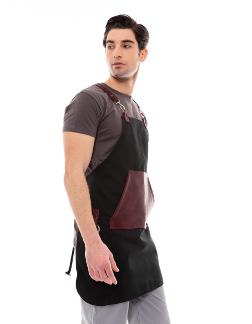Μαύρη Ποδιά Unisex Barista Στηθούρι - Από Καμβά Ύφασμα & Μπορντό Μάρσιπο Vegan Leather Τσέπη