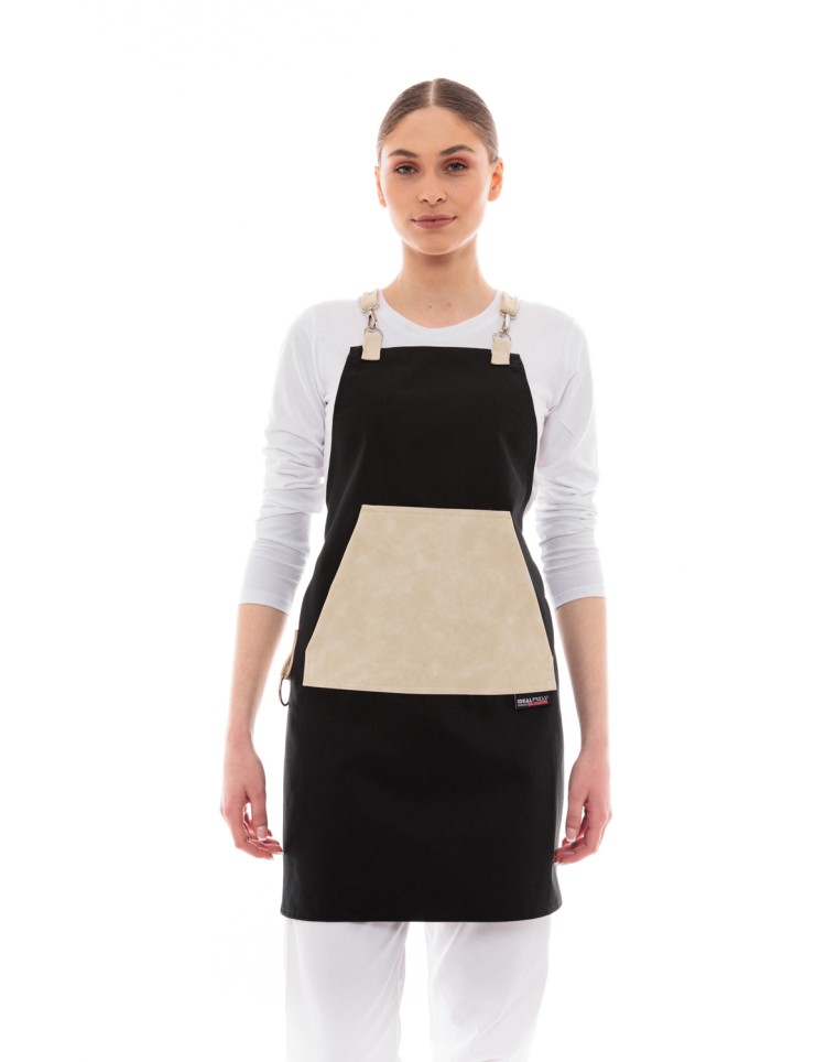 Μαύρη Ποδιά Unisex Barista Στηθούρι - Από Καμβά Ύφασμα & Μπεζ Μάρσιπο Vegan Leather Τσέπη