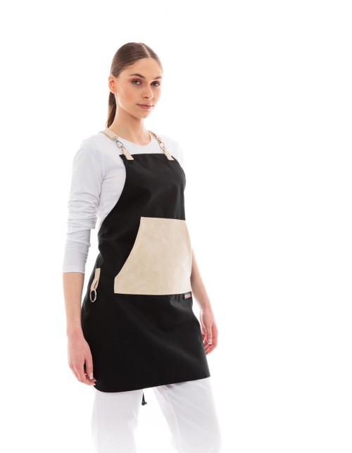 Μαύρη Ποδιά Unisex Barista Στηθούρι - Από Καμβά Ύφασμα & Μπεζ Μάρσιπο Vegan Leather Τσέπη