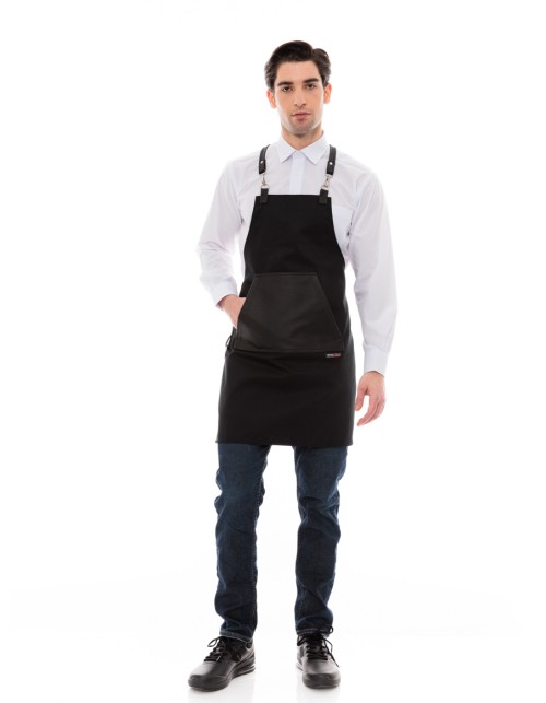 Μαύρη Ποδιά Unisex Barista Στηθούρι - Από Καμβά Ύφασμα & Μαύρη Μάρσιπο Vegan Leather Τσέπη