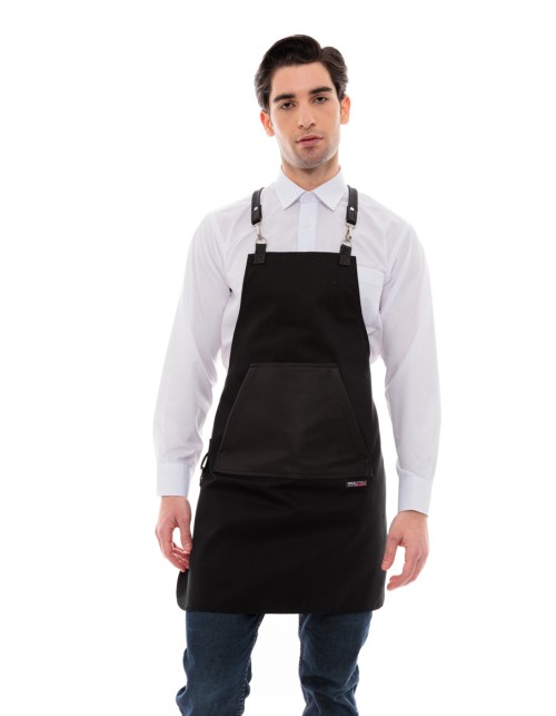 Μαύρη Ποδιά Unisex Barista Στηθούρι - Από Καμβά Ύφασμα & Μαύρη Μάρσιπο Vegan Leather Τσέπη