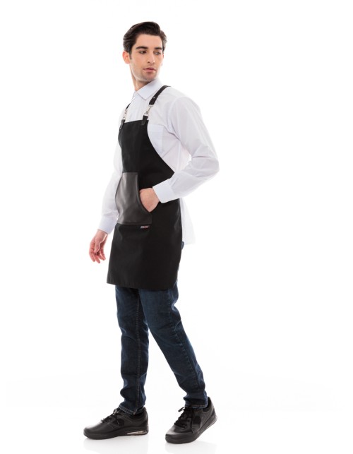 Μαύρη Ποδιά Unisex Barista Στηθούρι - Από Καμβά Ύφασμα & Μαύρη Μάρσιπο Vegan Leather Τσέπη