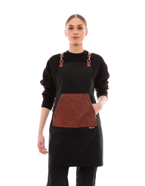 Μαύρη Ποδιά Unisex Barista Στηθούρι - Από Καμβά Ύφασμα & Ταμπά Μάρσιπο Vegan Leather Τσέπη