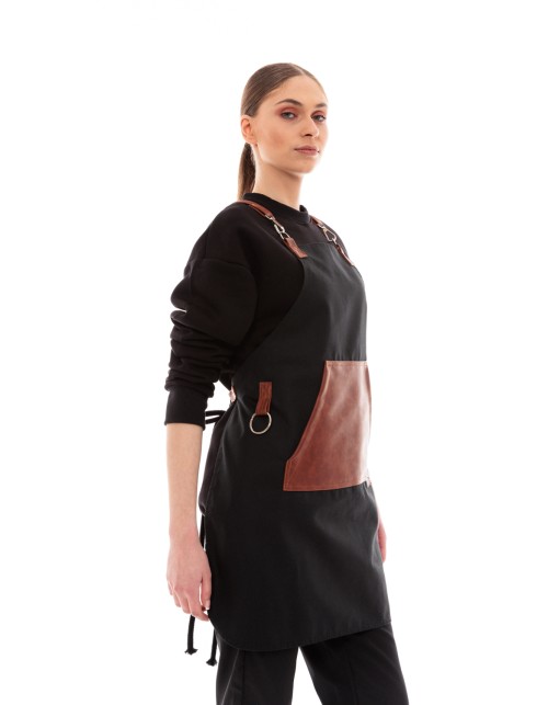 Μαύρη Ποδιά Unisex Barista Στηθούρι - Από Καμβά Ύφασμα & Ταμπά Μάρσιπο Vegan Leather Τσέπη