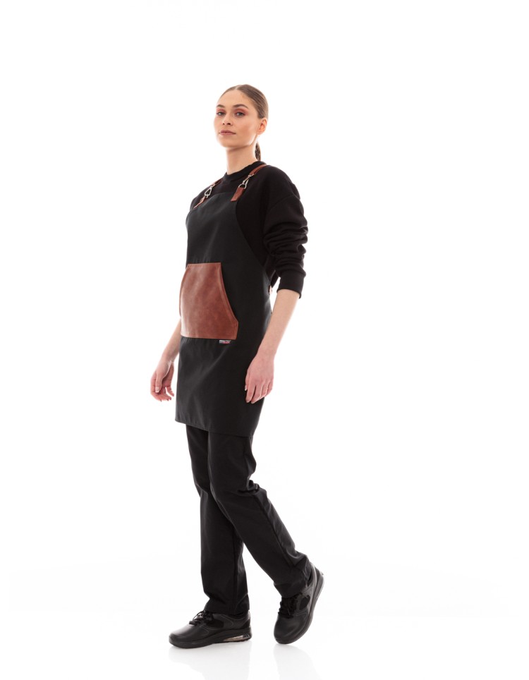 Μαύρη Ποδιά Unisex Barista Στηθούρι - Από Καμβά Ύφασμα & Ταμπά Μάρσιπο Vegan Leather Τσέπη