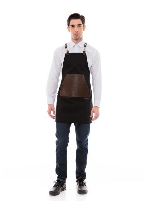 Μαύρη Ποδιά Unisex Barista Στηθούρι - Από Καμβά Ύφασμα & Καφέ Μάρσιπο Vegan Leather Τσέπη