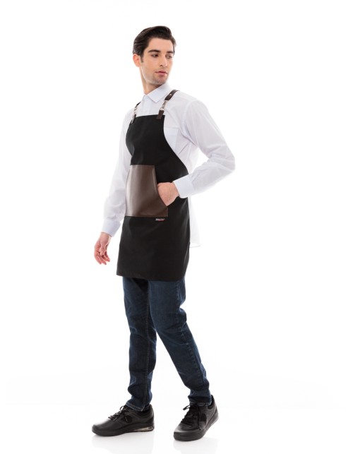Μαύρη Ποδιά Unisex Barista Στηθούρι - Από Καμβά Ύφασμα & Καφέ Μάρσιπο Vegan Leather Τσέπη