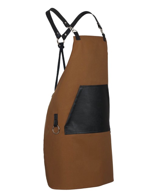 Κάμελ Ποδιά Unisex Barista Στηθούρι - Από Καμβά Ύφασμα & Μαύρη Μάρσιπο Vegan Leather Τσέπη