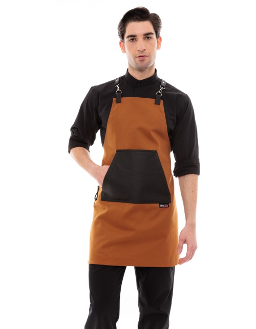 Κάμελ Ποδιά Unisex Barista Στηθούρι - Από Καμβά Ύφασμα & Μαύρη Μάρσιπο Vegan Leather Τσέπη