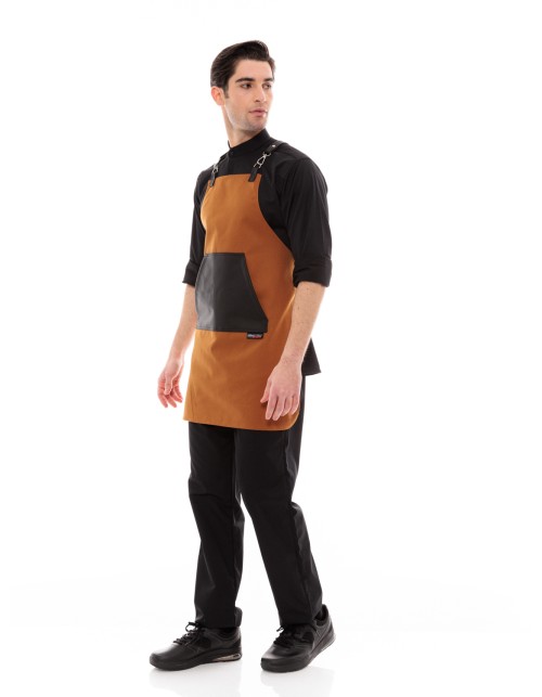 Κάμελ Ποδιά Unisex Barista Στηθούρι - Από Καμβά Ύφασμα & Μαύρη Μάρσιπο Vegan Leather Τσέπη
