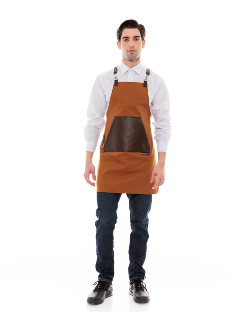 Κάμελ Ποδιά Unisex Barista Στηθούρι - Από Καμβά Ύφασμα & Καφέ Μάρσιπο Vegan Leather Τσέπη
