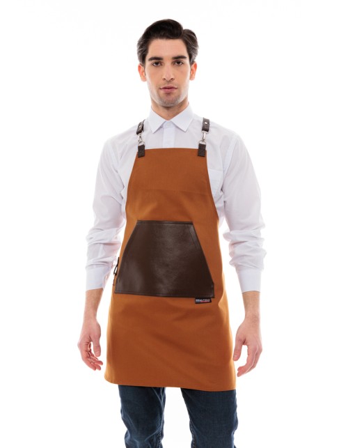 Κάμελ Ποδιά Unisex Barista Στηθούρι - Από Καμβά Ύφασμα & Καφέ Μάρσιπο Vegan Leather Τσέπη