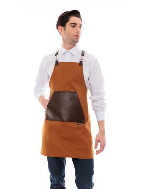 Κάμελ Ποδιά Unisex Barista Στηθούρι - Από Καμβά Ύφασμα & Καφέ Μάρσιπο Vegan Leather Τσέπη