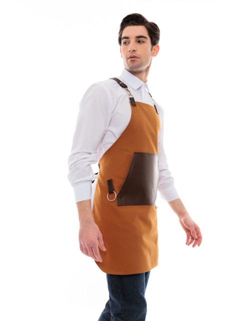 Κάμελ Ποδιά Unisex Barista Στηθούρι - Από Καμβά Ύφασμα & Καφέ Μάρσιπο Vegan Leather Τσέπη