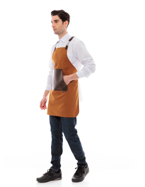 Κάμελ Ποδιά Unisex Barista Στηθούρι - Από Καμβά Ύφασμα & Καφέ Μάρσιπο Vegan Leather Τσέπη