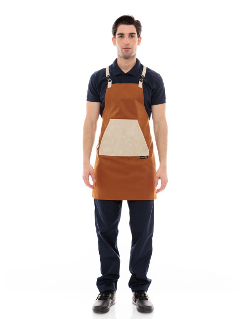 Κάμελ Ποδιά Unisex Barista Στηθούρι - Από Καμβά Ύφασμα & Μπεζ Μάρσιπο Vegan Leather Τσέπη