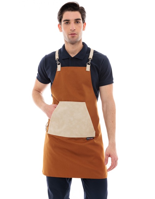 Κάμελ Ποδιά Unisex Barista Στηθούρι - Από Καμβά Ύφασμα & Μπεζ Μάρσιπο Vegan Leather Τσέπη