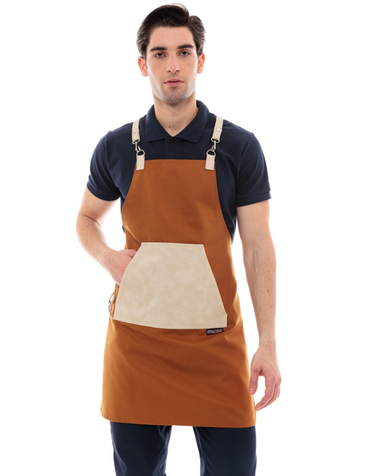 Κάμελ Ποδιά Unisex Barista Στηθούρι - Από Καμβά Ύφασμα & Μπεζ Μάρσιπο Vegan Leather Τσέπη