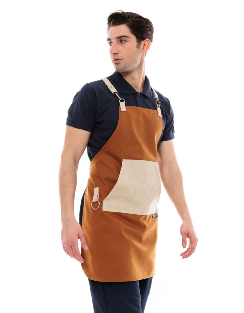 Κάμελ Ποδιά Unisex Barista Στηθούρι - Από Καμβά Ύφασμα & Μπεζ Μάρσιπο Vegan Leather Τσέπη