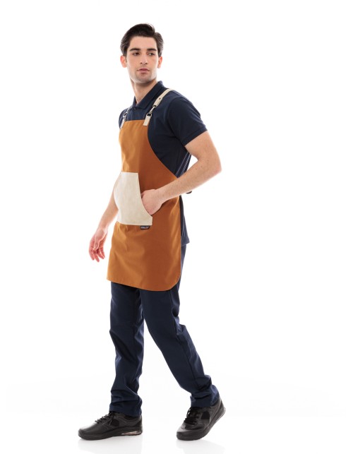 Κάμελ Ποδιά Unisex Barista Στηθούρι - Από Καμβά Ύφασμα & Μπεζ Μάρσιπο Vegan Leather Τσέπη