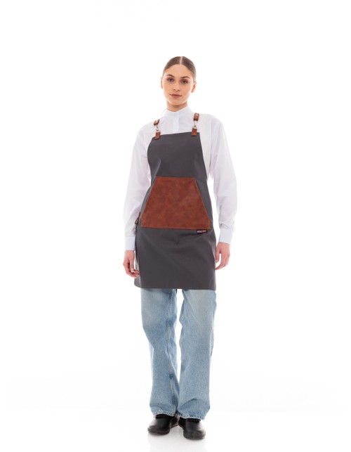 Γκρι Ποδιά Unisex Barista Στηθούρι - Από Καμβά Ύφασμα & Ταμπά Μάρσιπο Vegan Leather Τσέπη