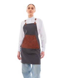 Γκρι Ποδιά Unisex Barista Στηθούρι - Από Καμβά Ύφασμα & Ταμπά Μάρσιπο Vegan Leather Τσέπη