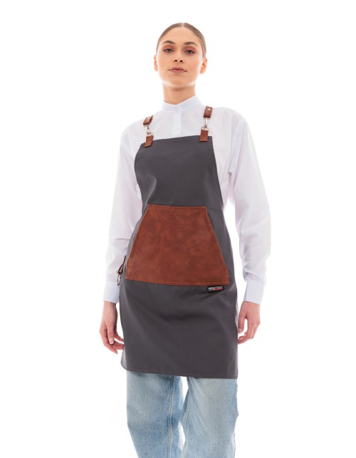 Γκρι Ποδιά Unisex Barista Στηθούρι - Από Καμβά Ύφασμα & Ταμπά Μάρσιπο Vegan Leather Τσέπη