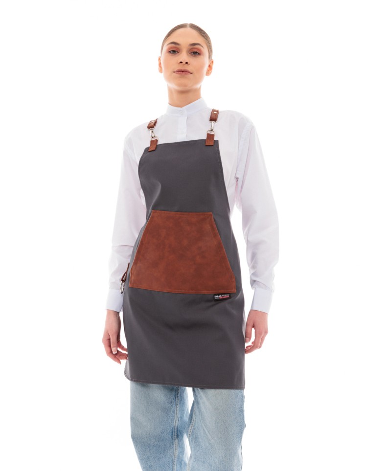 Γκρι Ποδιά Unisex Barista Στηθούρι - Από Καμβά Ύφασμα & Ταμπά Μάρσιπο Vegan Leather Τσέπη