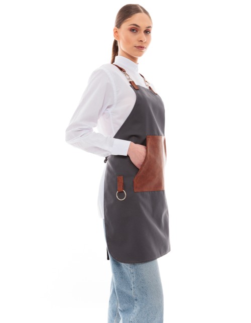 Γκρι Ποδιά Unisex Barista Στηθούρι - Από Καμβά Ύφασμα & Ταμπά Μάρσιπο Vegan Leather Τσέπη