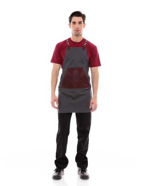 Γκρι Ποδιά Unisex Barista Στηθούρι - Από Καμβά Ύφασμα & Μπορντό Μάρσιπο Vegan Leather Τσέπη