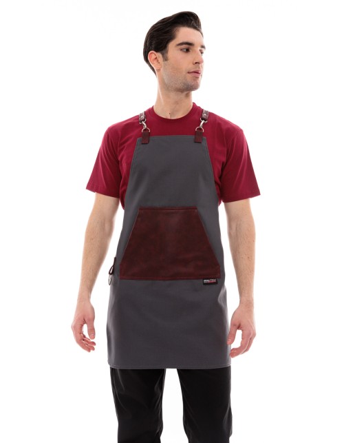 Γκρι Ποδιά Unisex Barista Στηθούρι - Από Καμβά Ύφασμα & Μπορντό Μάρσιπο Vegan Leather Τσέπη