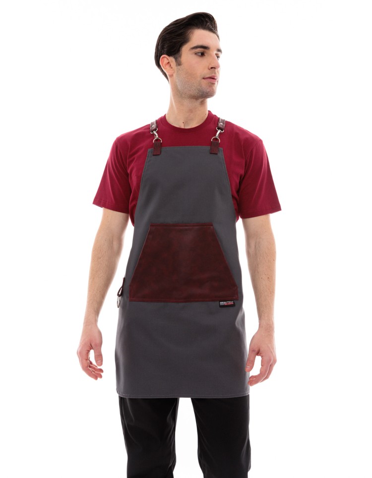 Γκρι Ποδιά Unisex Barista Στηθούρι - Από Καμβά Ύφασμα & Μπορντό Μάρσιπο Vegan Leather Τσέπη