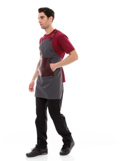 Γκρι Ποδιά Unisex Barista Στηθούρι - Από Καμβά Ύφασμα & Μπορντό Μάρσιπο Vegan Leather Τσέπη