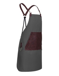 Γκρι Ποδιά Unisex Barista Στηθούρι - Από Καμβά Ύφασμα & Μπορντό Μάρσιπο Vegan Leather Τσέπη