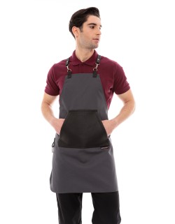 Γκρι Ποδιά Unisex Barista Στηθούρι - Από Καμβά Ύφασμα & Μαύρη Μάρσιπο Vegan Leather Τσέπη