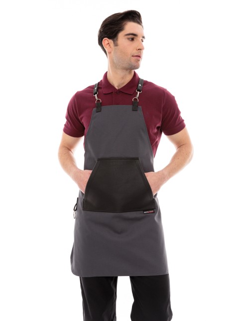 Γκρι Ποδιά Unisex Barista Στηθούρι - Από Καμβά Ύφασμα & Μαύρη Μάρσιπο Vegan Leather Τσέπη