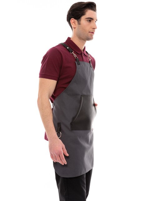 Γκρι Ποδιά Unisex Barista Στηθούρι - Από Καμβά Ύφασμα & Μαύρη Μάρσιπο Vegan Leather Τσέπη