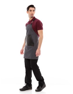 Γκρι Ποδιά Unisex Barista Στηθούρι - Από Καμβά Ύφασμα & Μαύρη Μάρσιπο Vegan Leather Τσέπη