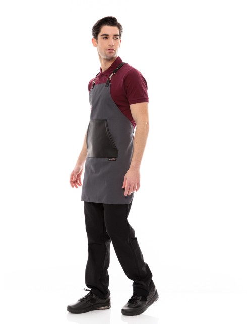 Γκρι Ποδιά Unisex Barista Στηθούρι - Από Καμβά Ύφασμα & Μαύρη Μάρσιπο Vegan Leather Τσέπη