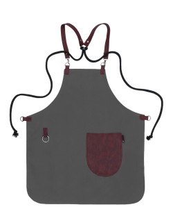 Γκρι Ποδιά Unisex Barista Στηθούρι - Από Καμβά Ύφασμα & Μπορντό Στρογγυλή Vegan Leather Τσέπη