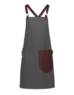 Γκρι Ποδιά Unisex Barista Στηθούρι - Από Καμβά Ύφασμα & Μπορντό Στρογγυλή Vegan Leather Τσέπη