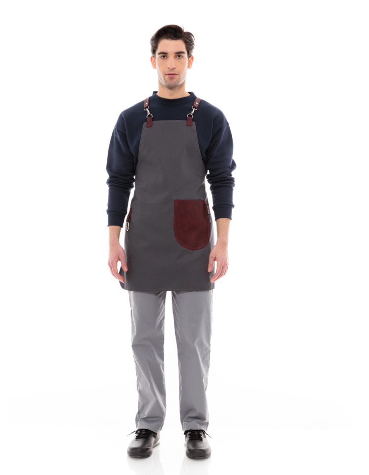Γκρι Ποδιά Unisex Barista Στηθούρι - Από Καμβά Ύφασμα & Μπορντό Στρογγυλή Vegan Leather Τσέπη
