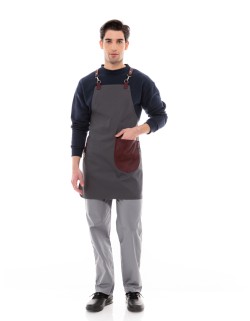Γκρι Ποδιά Unisex Barista Στηθούρι - Από Καμβά Ύφασμα & Μπορντό Στρογγυλή Vegan Leather Τσέπη